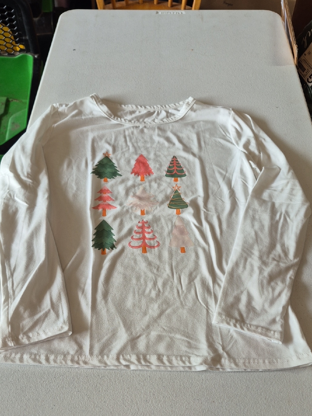 White Long-Sleeve Tee with Festive Tree Graphic
